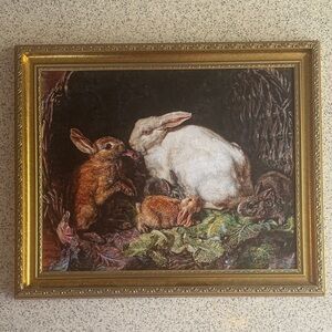 Vtg.Reproduction canvas ornate gold framed A Family of Hares 20”x 23”